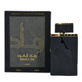 Black and gold perfume bottle with packaging labeled 'Ramaad Al Oud' on a white background